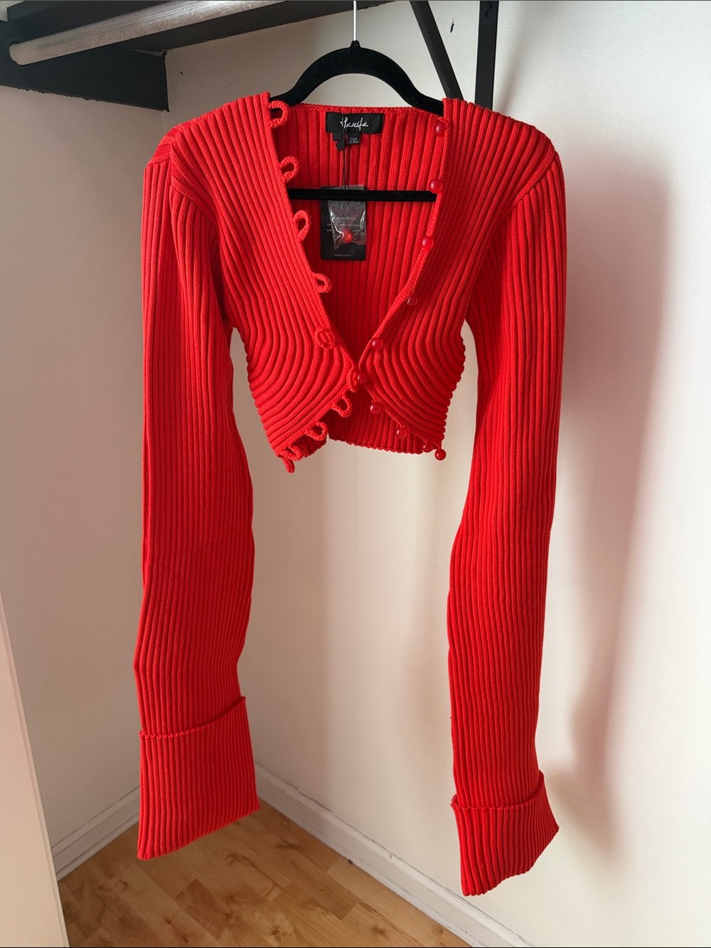 HANIFA Red Ribbed Cropped Cardigan with Loop-Button Trim